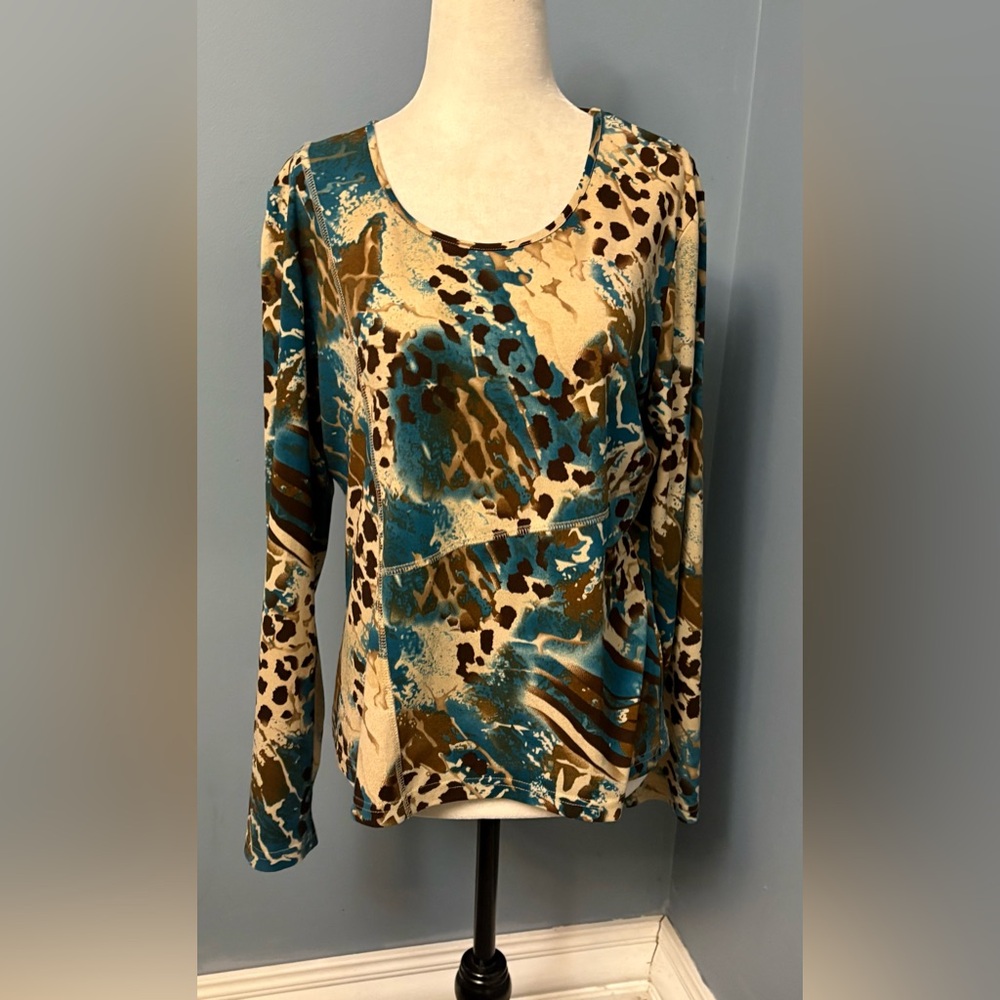 Elegant Teal and Brown Women's Long Sleeve Top